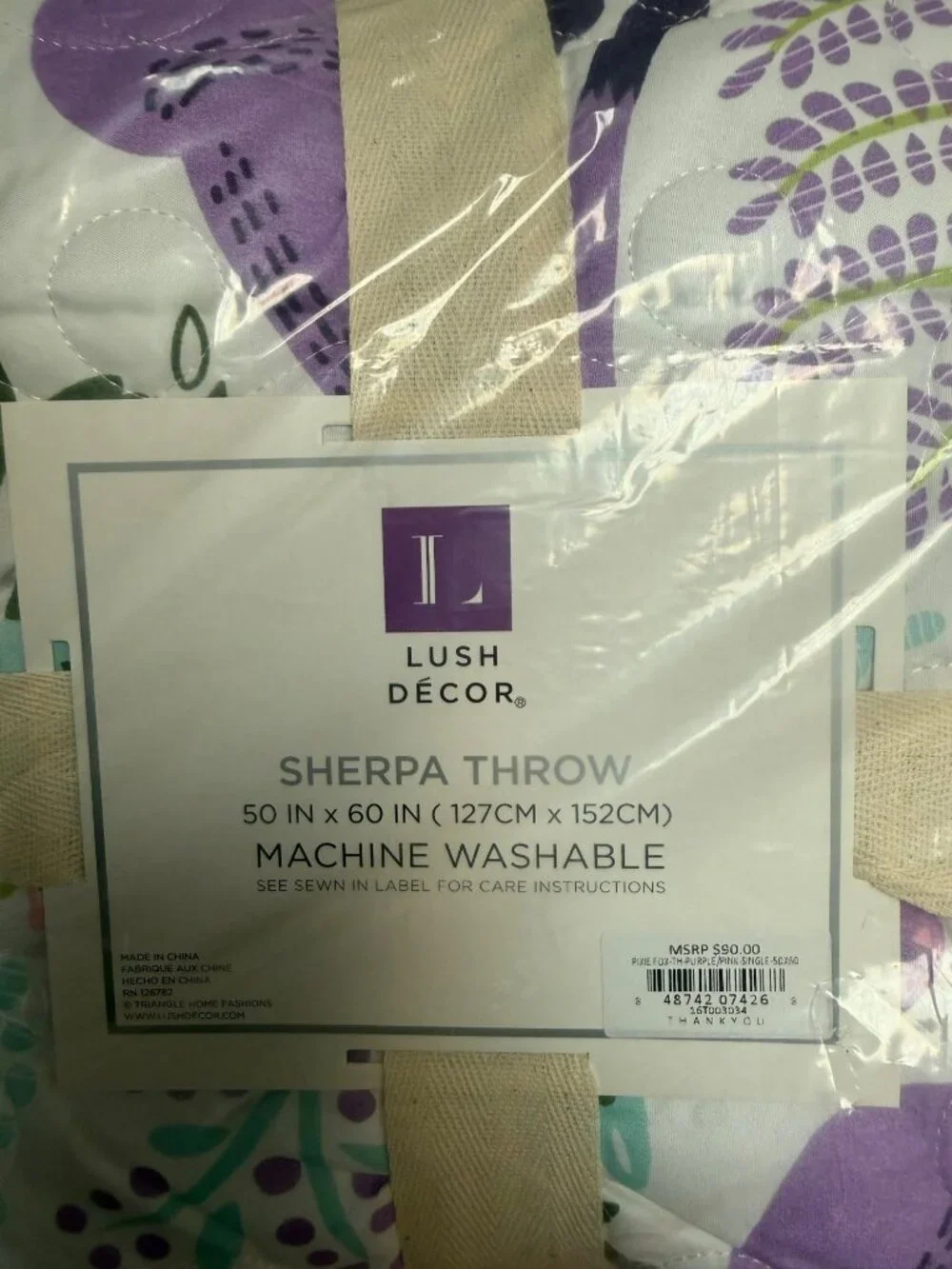Lush Décor Sherpa Throw Blanket 50X60 Purple Pink Floral Fox Machine Washable - Picture 1 of 3